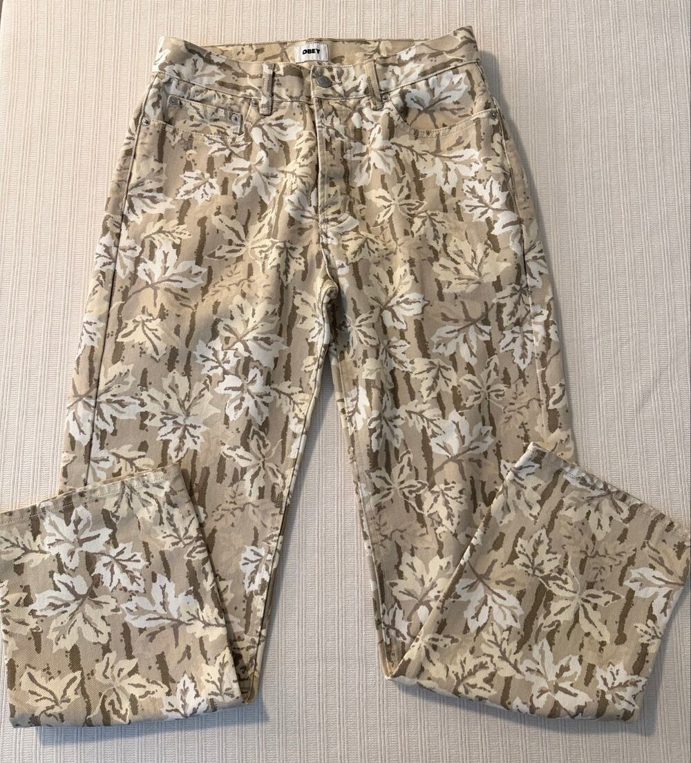 Obey Leaf Print Carpenter Denim Jeans Beige Tan Size 30 Wide Straight Leg